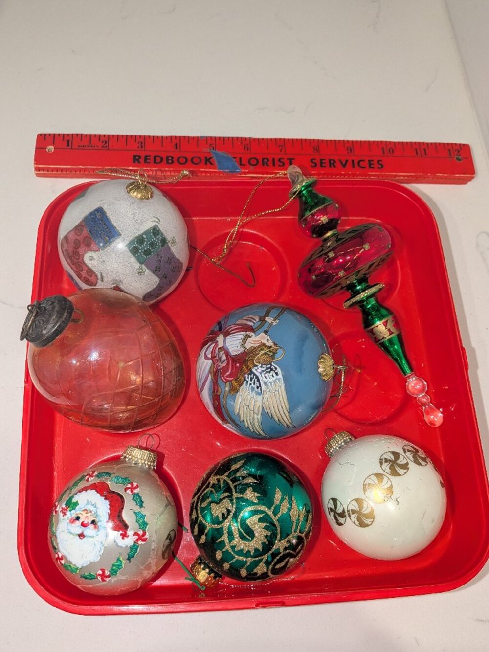 Vintage Glass Christmas Ornament Lot of 7 w/ Plastic Storage Tote Case